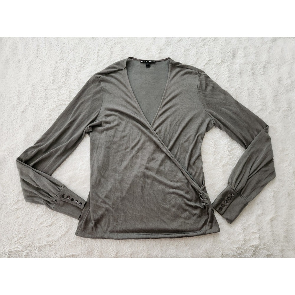 Ralph Lauren Women's Gray Long Sleeve Wrap Top Blouse L Button Cuff Black Label
